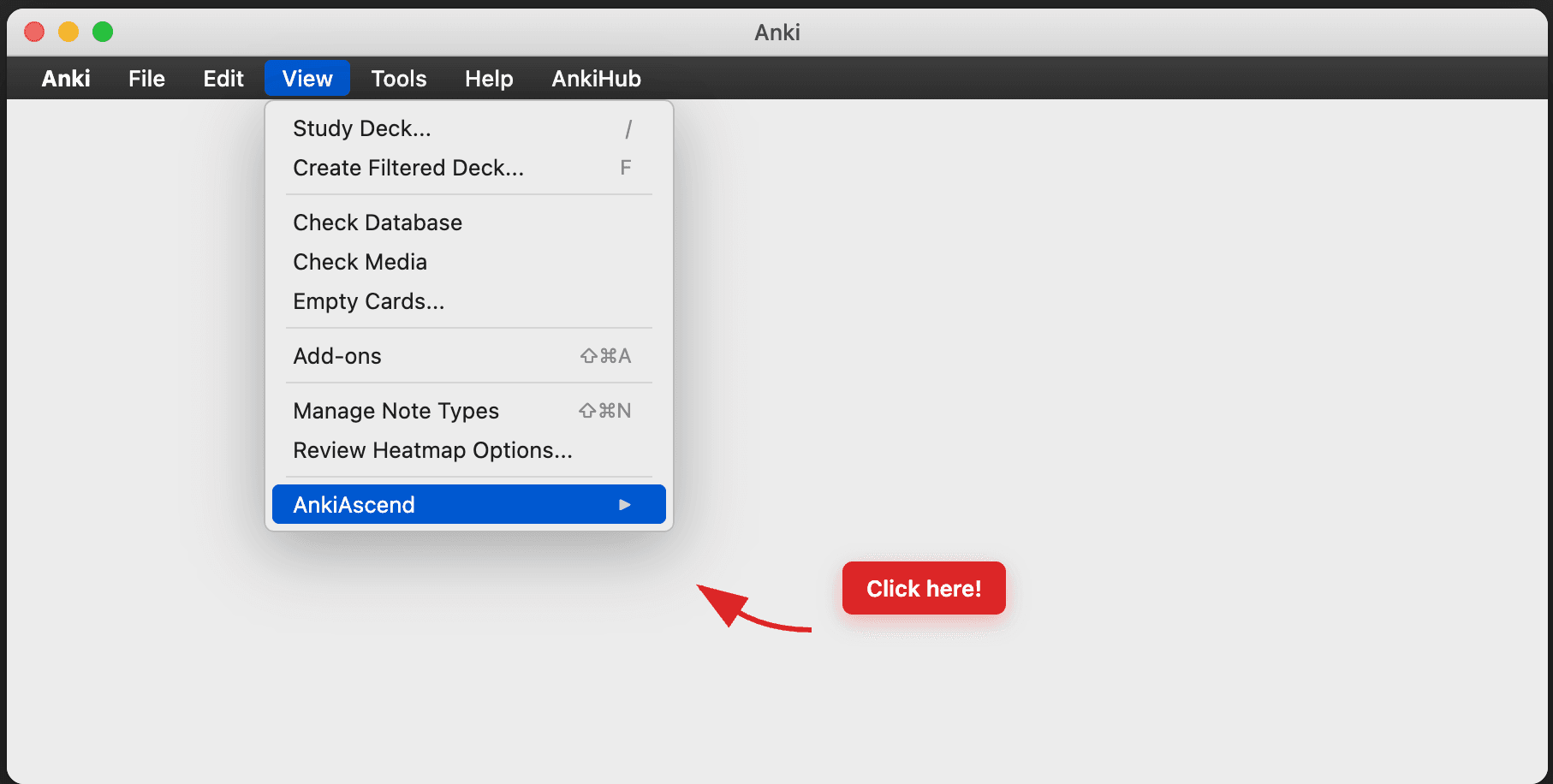 Anki Tools menu with AnkiAscend menu item highlighted