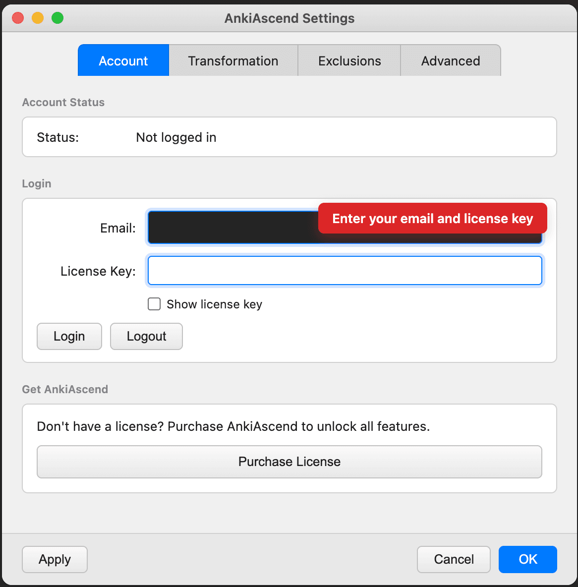 AnkiAscend Settings dialog showing email and license key input fields
